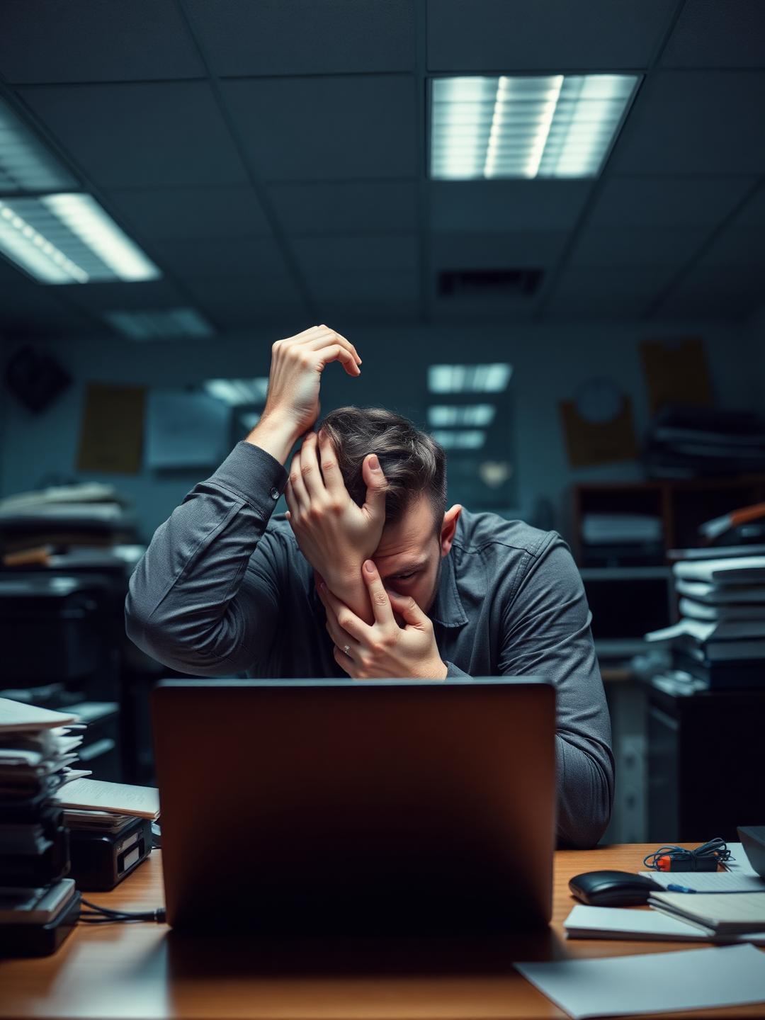 A burned-out man slumped at his desk late at night, head in hands