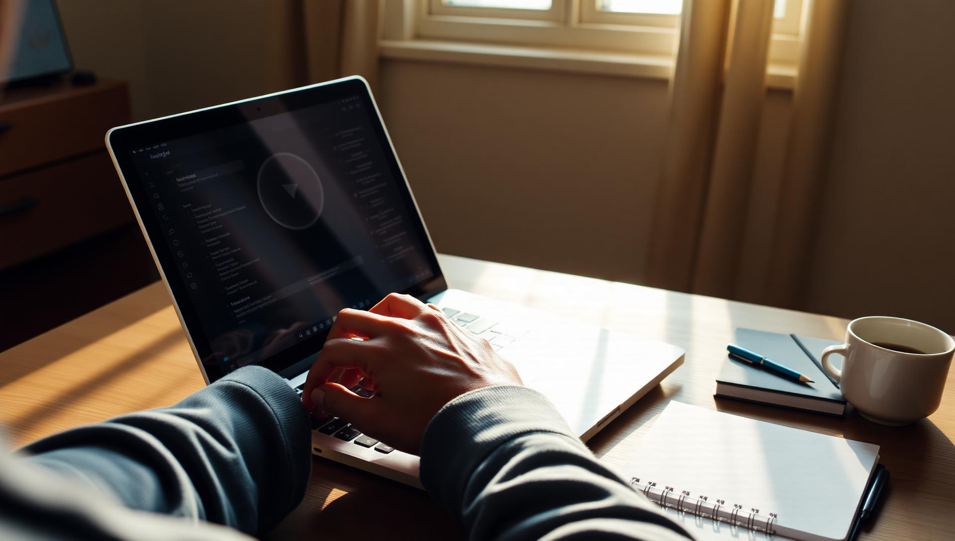 A man's hands at his laptop in calm morning light — a quiet pre-meeting ritual