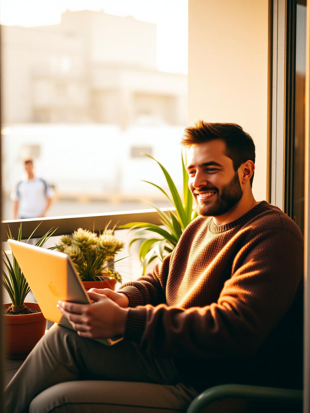 The same man relaxed and smiling in warm light, regulated and present