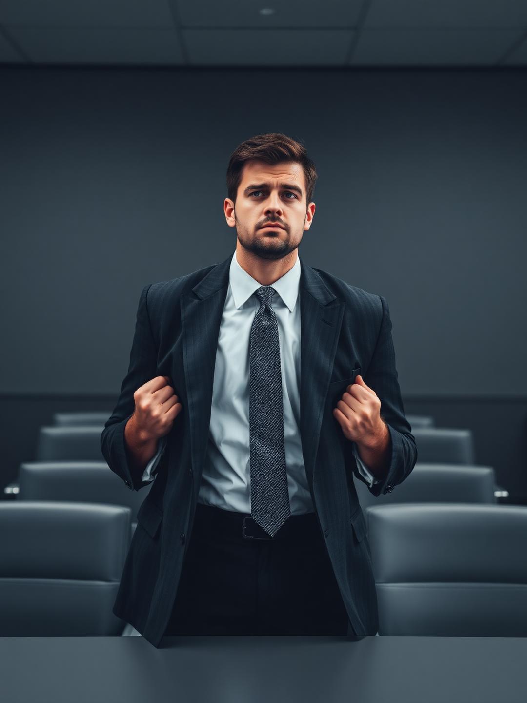 A man in a suit looking drained and tense in an empty boardroom